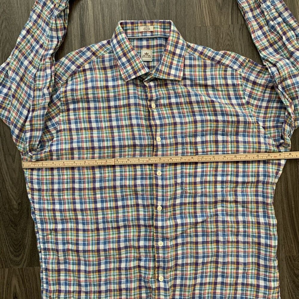 Peter Millar Shirt Mens Large Blue Pink Plaid Button Up Casual Pocket 100% Linen - Picture 6 of 7